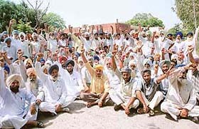 Farmers stage a dharna outside the office of the Executive Engineer, PSEB, near Bhagomajra village on the Kharar-Morinda road