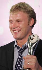 England�s Andrew Flintoff holds his award after being named ODI Player of the Year at the ICC Awards ceremony 