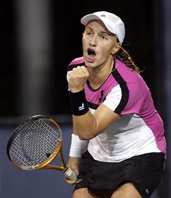Sveltana Kuznetsova of Russia gestures during her quarterfinal match against compatriot Nadia Petrova at the US Open in New York