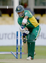 South Africa's Herschelle Gibbs is bowled by Bangladesh's Tapash Baisya 