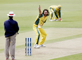 Australian fast bowler Jason Gillespie successfully appeals for an lbw decision against Donovan Blake of the USA