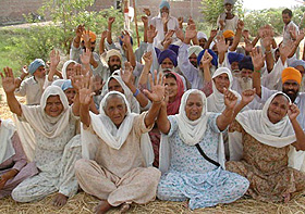 Residents of Chabba village and surrounding villages protest against the mills situated on the Tarn Taran road for discharging polluted water in the drain passing through the villages on Tuesday.