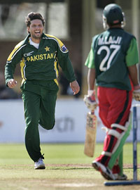 Pakistan's spinner Shahid Afridi celebrates taking the wicket of Malhar Patel during the ICC match against Kenya at Edgbaston on Wednesday. Afridi took five wickets for 11 runs. 