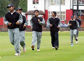 Members of the Indian team at a practice session in Edgbastan