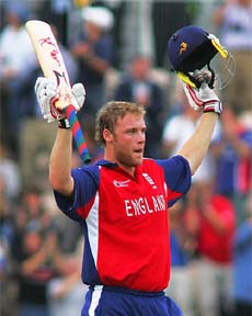 Andrew Flintoff celebrates his century against Sri Lanka in their ICC Champions Trophy match