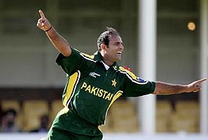Pakistan�s Naved-ul-Hasan celebrates taking the wicket of Virender Sehwag in the ICC Champions Trophy match against India at Edgbaston on Sunday.