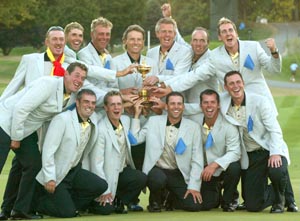 European golfers pose with the Ryder Cup after they defeated the USA in Bloomfield, Michigan, on Sunday.