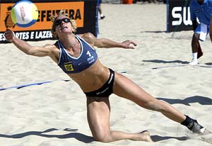 The Netherlands� Marrit Leenstra reaches for the ball during her beach volleyball match against Spain