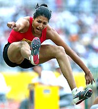 Anju Bobby George leaps during the long jump event at an international track and field meet in Yokohama on Thursday