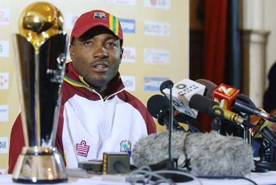 Brian Lara, skipper of the West Indies cricket team, speaks to mediapersons ahead of Saturday's Champions Trophy final against England