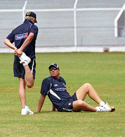 Australian leg-spinner Shane Warne warms up at the Brabourne Stadium in Mumbai on Monday