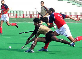 A forward of Western Railway tries to score a goal against Punjab Police at the SN Vohra�s 34th All India Gurmit Memorial Hockey Tournament 