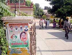 A poster put up by the Congress at the entrance to the Civil Hospital in Kapurthala on Friday.