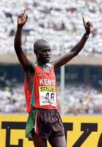 Paul Kirui of Kenya reacts after winning the men�s title at the 13the IAAF World Half Marathon Championships