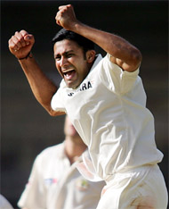 Anil Kumble celebrates after taking Simon Katich�s wicket, his 400th in Test cricket