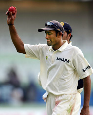 Anil Kumble shows the ball with which he dismissed Simon Katich 