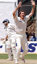 Glenn McGrath successfully appeals for a lbw decision against Akash Chopra 