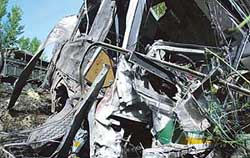 This is what remains of the car packed with explosives that rammed into an Army convoy at Pattan, 27 km from Srinagar, on Saturday.