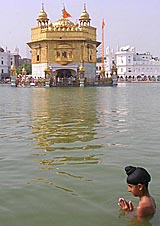 A devotee takes a holy dip into the sarover at the Golden Temple, Amritsar