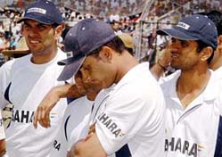 Dejected looking Indian cricketers, Yuvraj Singh, Sourav Ganguly and Rahul Dravid at the prize distribution ceremony 