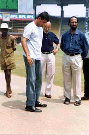 Indian captain Saurav Ganguly having a feel of the pitch at the M A Chidambaram Stadium in Chennai