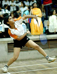 G. Divya of Andhra Pradesh in action against Darshani of Tamil Nadu during under-13 sub-junior girls event in the 18th Sub-Junior National Badminton Championship