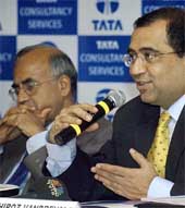 TCS Executive Vice-President Phiroz Vandrevala after the announcement of the company�s quarterly results at a press conference in Mumbai 