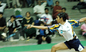 V. Ruth Mishra of Karnataka returns a shot in the sub-junior girls section in the 18th National Sub-Junior Badmintor Tournament at Sector-42 badminton hall