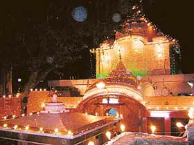 A view of the Kali Mata temple decked-up at night