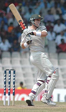 Mathew Hayden knocks the ball to fence off Zaheer Khan during the second Test in Chennai.