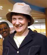 New Zealand Prime Minister Helen Clarke wears a round cap at the Infosys store on her visit to Infosys Technology 