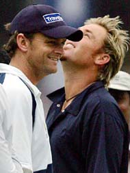 Australia�s captain Adam Gilchrist and team-mate Shane Warne are all smiles on the final day of the second Test in Chennai