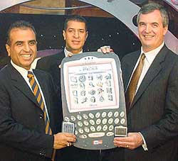 Sunil Bharti Mittal, Chairman and Group MD, BTVL, Rajan Bharti Mittal, Joint MD, BTVL and Don Morrison, COO, Research In Motion, USA, launch the powerful instant e-mail mobile innovation Blackberry at a press conference in New Delhi on Tuesday. 