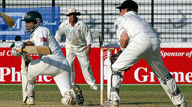 Bangladesh captain Khaled Mashud plays a shot