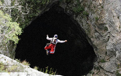 Austrian extreme base jumper Felix Baumgartner jumps into the 200-m deep Mamet cave