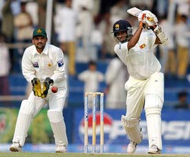 Sri Lankan batsman Thilan Samaraweera plays a shot on the opening day of the first Test against Pakistan 