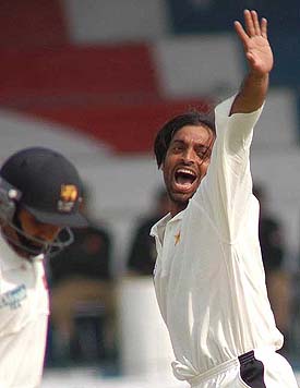 Pakistan speedster Shoaib Akhtar celebrates dismissal of Sri Lankan captain