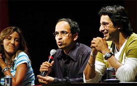 Former Pakistani cricketer Wasim Akram, TV commentator Harsha Bhogle and actress Perizaad Zorabain talk to reporters about Dream Job - Harsha Ki Khoj