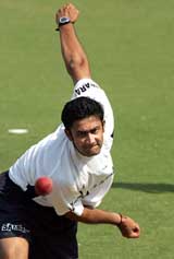 Anil Kumble bowls during a practice session on the eve of the third Test in Nagpur