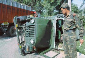 The Army jeep which overturned after a collision with a truck at Kharar