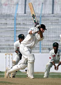 Stephen Fleming hits a boundary during the first day of the second Test against Bangladesh in Chittagong