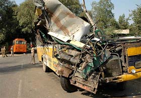 Mangled Punjab Roadways bus after a head-on collision near Adhi Khuhi village on the Jalandhar-Kapurthala road