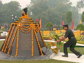 A senior Army officer lays a wreath to pay homage to the Infantry martyrs on the occasion of Infantry Day