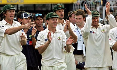 L-R: Glenn McGrath, Brett Lee, Michael Kosprowicz and Matthew Hayden celebrate their victory over India