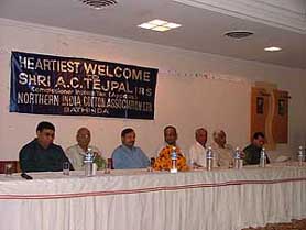 Members of the Northern India Cotton Association, along with owners of ginning mills, at a meeting in Bathinda on Sunday.
