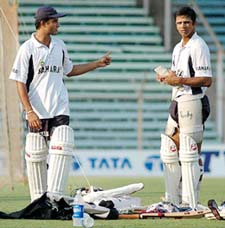 Indian cricket team captain Sourav Ganguly and vice-captain Rahul Dravid during a practice session