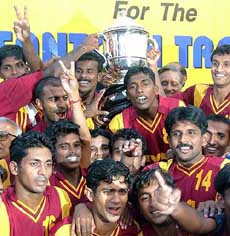 Kerala team  with Santosh Trophy they won after defeating Punjab at Ambedkar Stadium in New Delhi on Sunday.