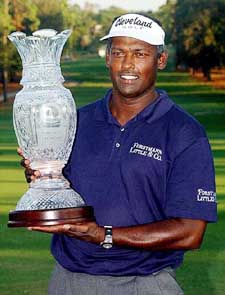 Vijay Singh of Fiji holds the championship trophy after winning the Chrysler Championship in Palm Harbor, Fla