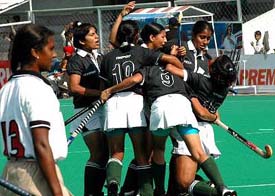 Chandigarh eves celebrate after scoring a goal against Western Railway in the semifinal match in the 21st Indian Oil Surjit Hockey Tournament in Jalandhar