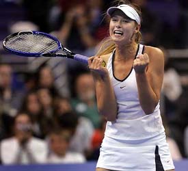 Maria Sharapova of Russia reacts following her semifinal victory over compatriot Anastasia Myskina